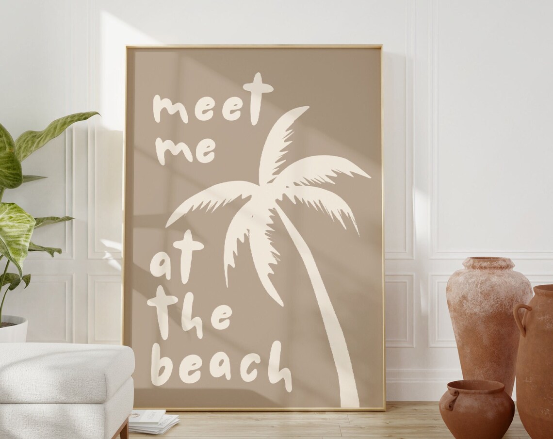 Meet Me At The Beach Palm Poster Taupe Coastal Quote Wall Decor Art