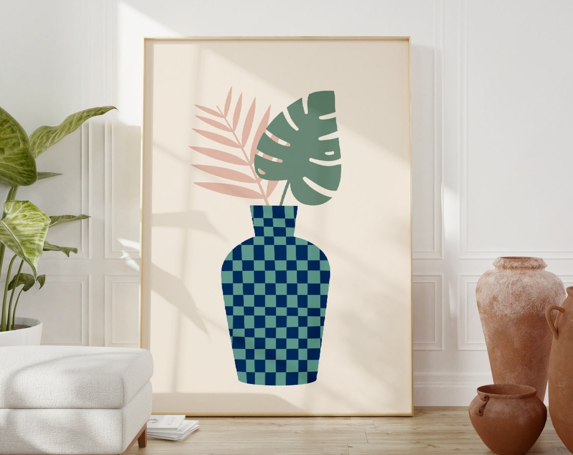 Checkered Blue Vase with Monstera Leaf Boho Botanical Art Poster