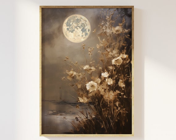 Full Moon and Delicate Florals Vintage Art Print