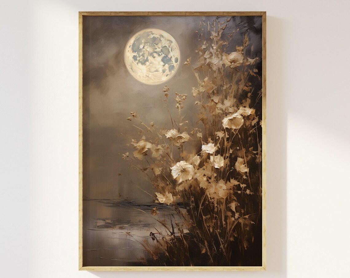 Full Moon and Delicate Florals Vintage Art Print