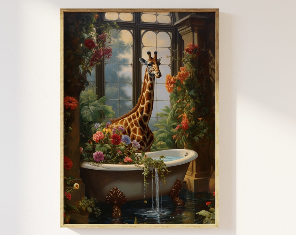 Giraffe in Jungle Bathroom Art Print, Maximalist Retro