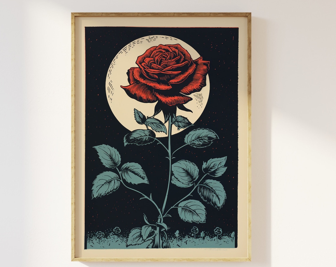 Moon And A Single Rose Vintage Block Print Art