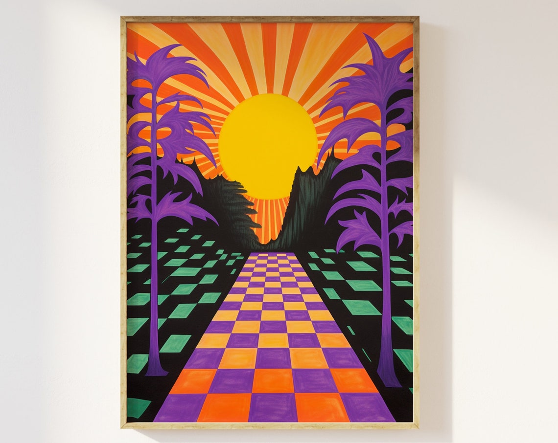 Psychedelic Retro Checkerboard Path Sunset Purple Palm Art Print