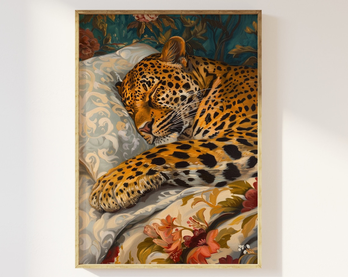 Leopard Sleeping In Bed, Romanticism Art Print