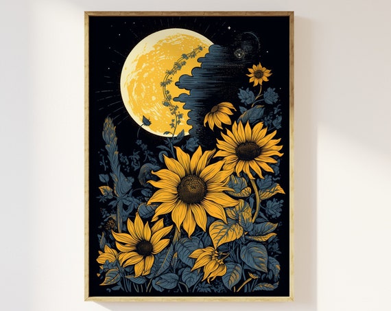 Moon and Sunflowers Vintage Block Print Art Print