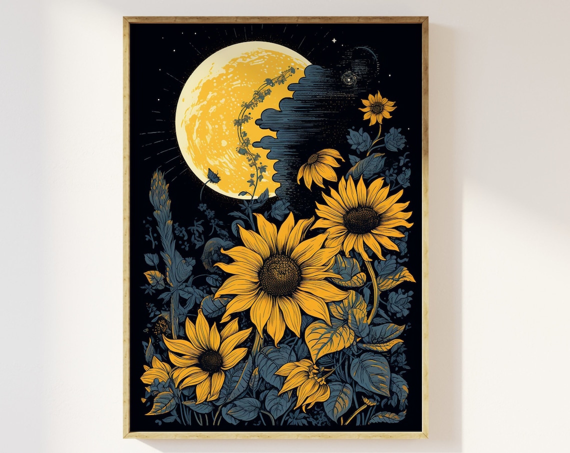 Moon and Sunflowers Vintage Block Print Art Print
