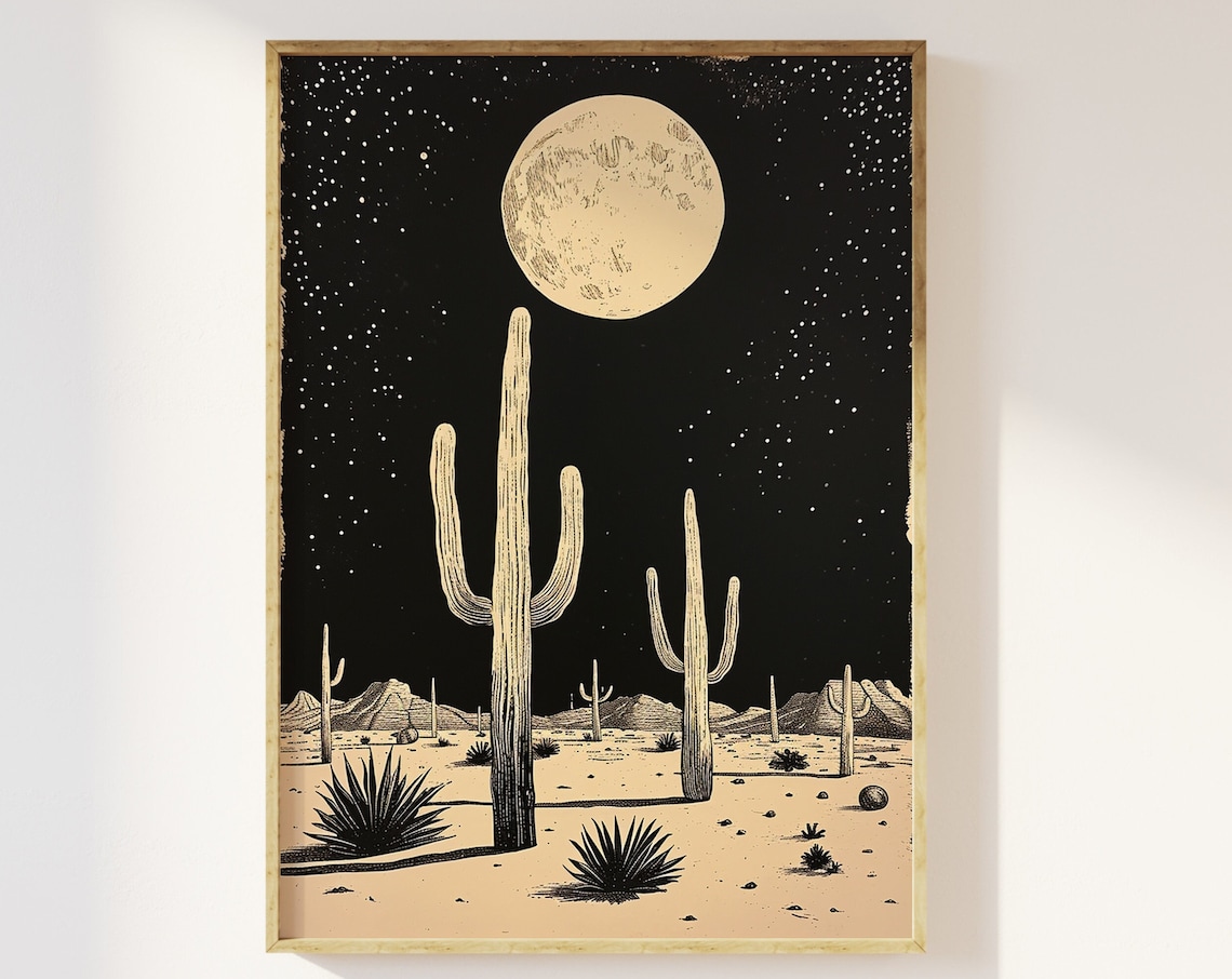 Cactus Under Moon, Minimalist Abstract Western Art