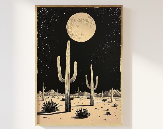 Cactus Under Moon, Minimalist Abstract Western Art