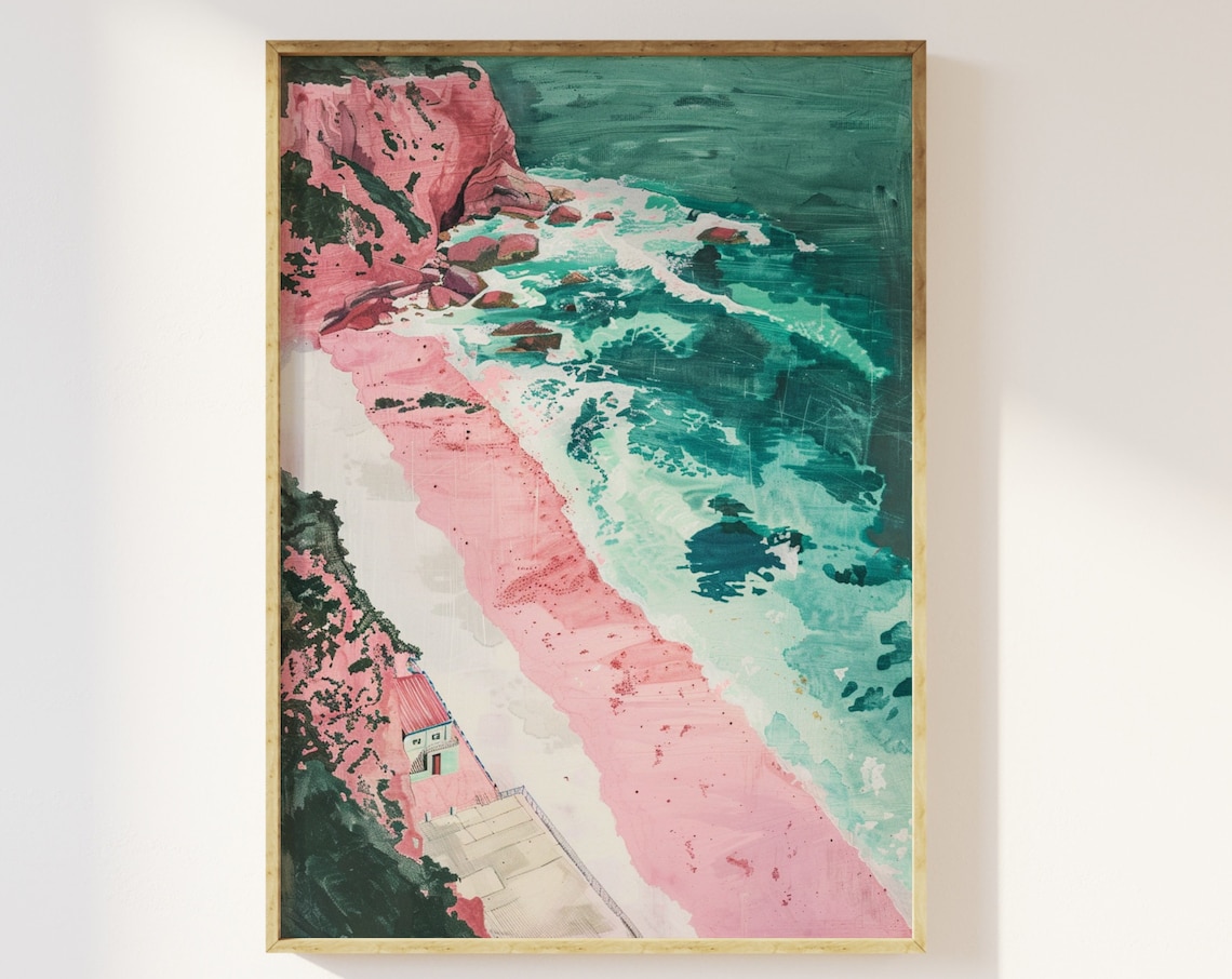 Retro Aerial Beach Pink Cliffs and Teal Ocean Waves Art Print