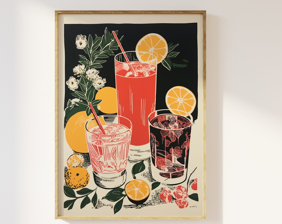 Retro Cocktails Block Style Art Print, Funky 70s