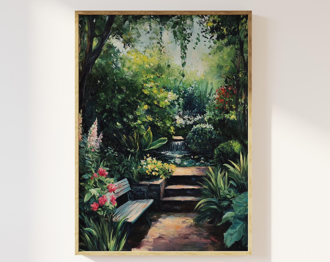 English Cottage Garden Blooming Flowers Wooden Bench Art Print