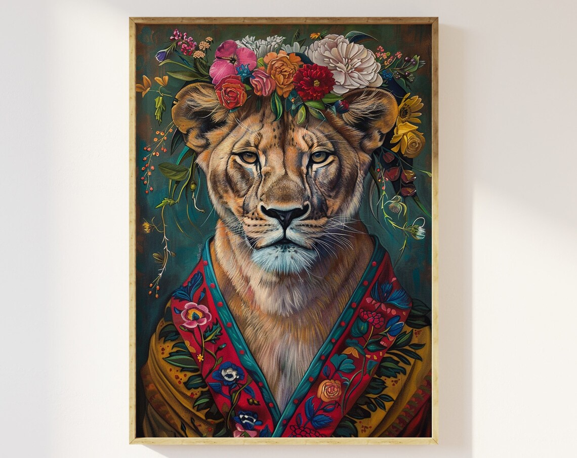 Maximalist Eclectic Lioness With Flowers Art Print