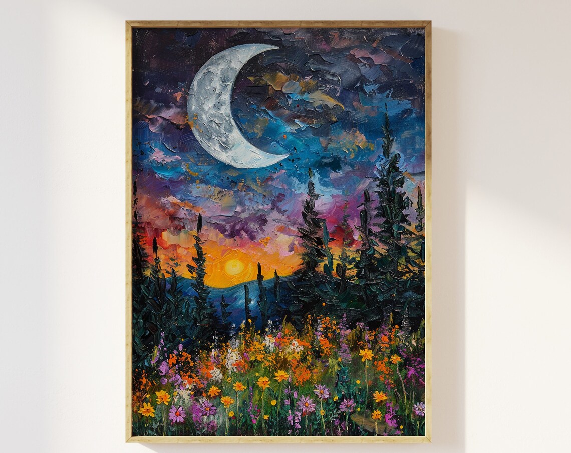 Moon Above The Pine Tree Woodland Art Print