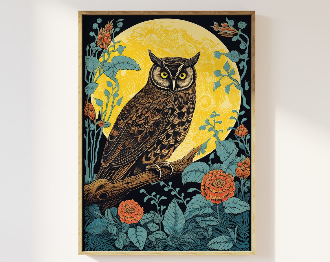 Owl And Flowers Under Moonlight, Vintage Block Print