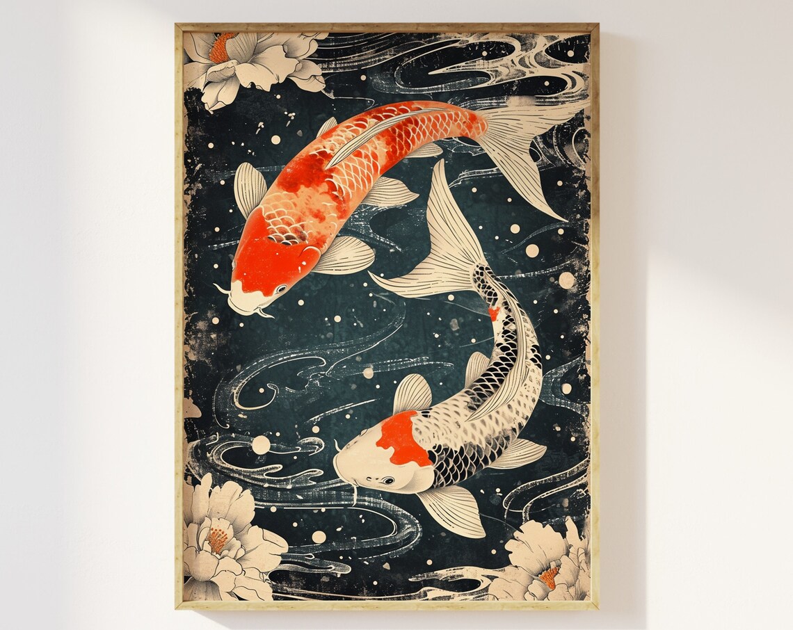 Japanese Koi Carp Ukiyo-E Art Print, Zen Decor