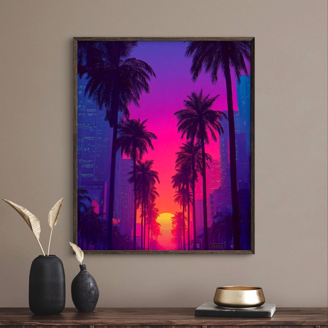 Vaporwave Neon City Sunset Palm Trees Retro Futuristic Art Poster