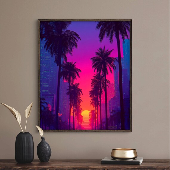 Vaporwave Neon City Sunset Palm Trees Retro Futuristic Art Poster