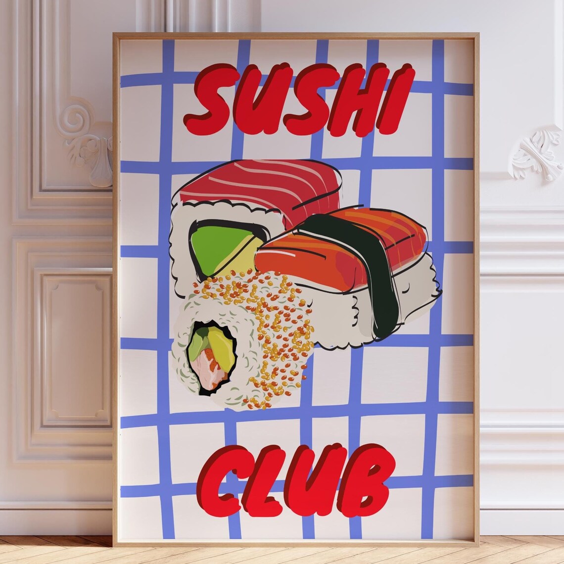 Fun Sushi Club Illustration Poster with Sushi Rolls on Blue Grid - Image 2