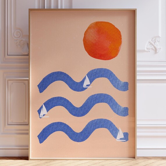 Abstract Blue Waves Sailboats Orange Sun Minimalist Sea Poster