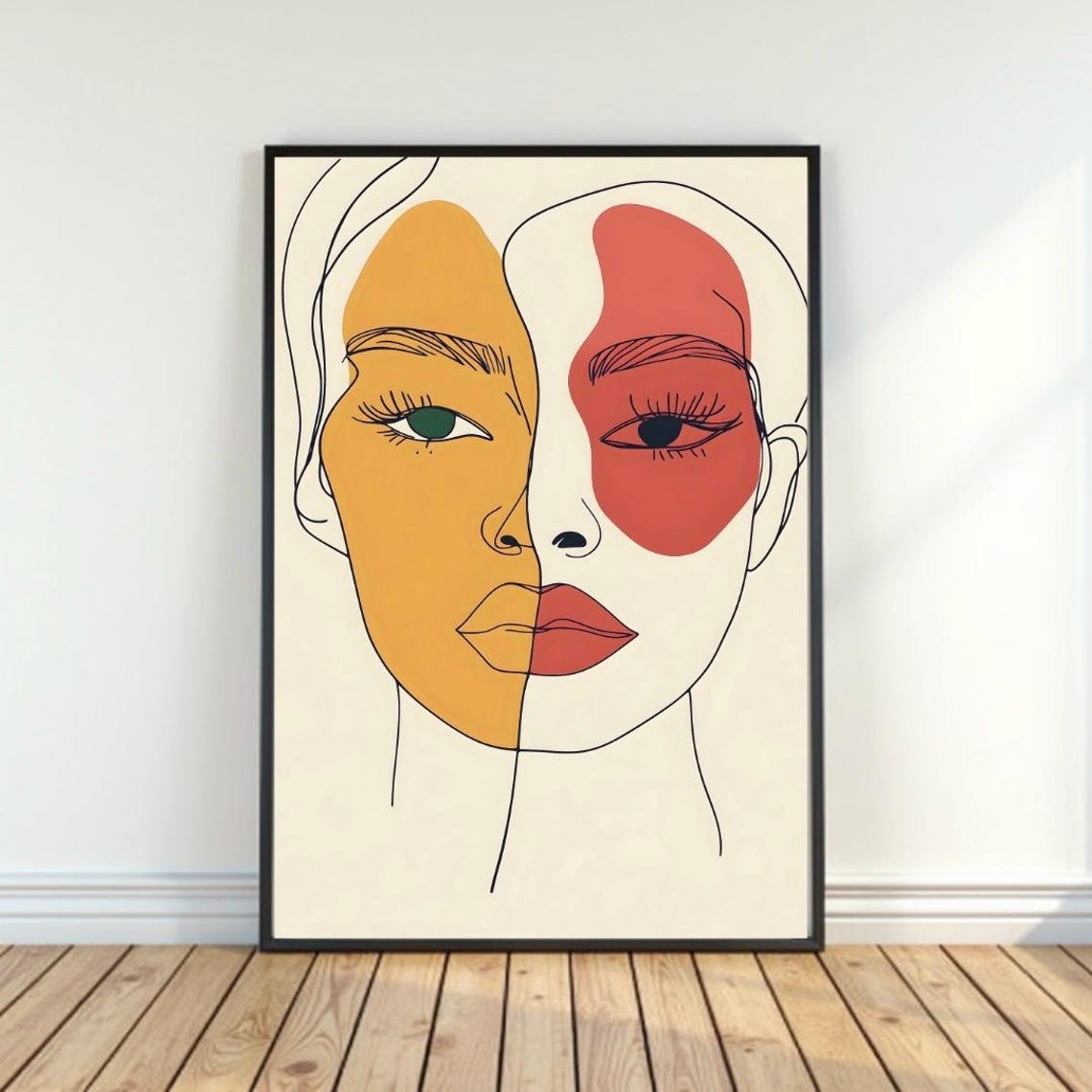 Abstract Two-Tone Woman Face in Ochre and Red Line Art Poster