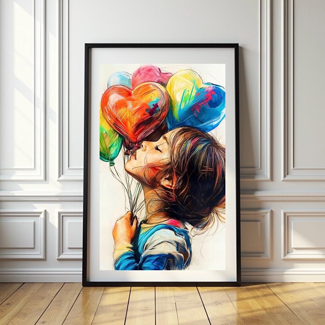 Girl Lifting Colorful Heart Balloons Pencil Color Art Poster