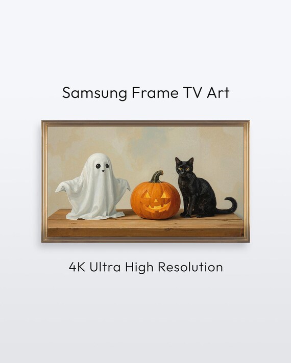 Samsung Frame Tv Halloween Art Black Cat Pumpkin 4k Print