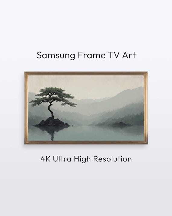 Samsung Frame Tv Art Misty Lake Tree Minimalist Serene Landscape 4k Print