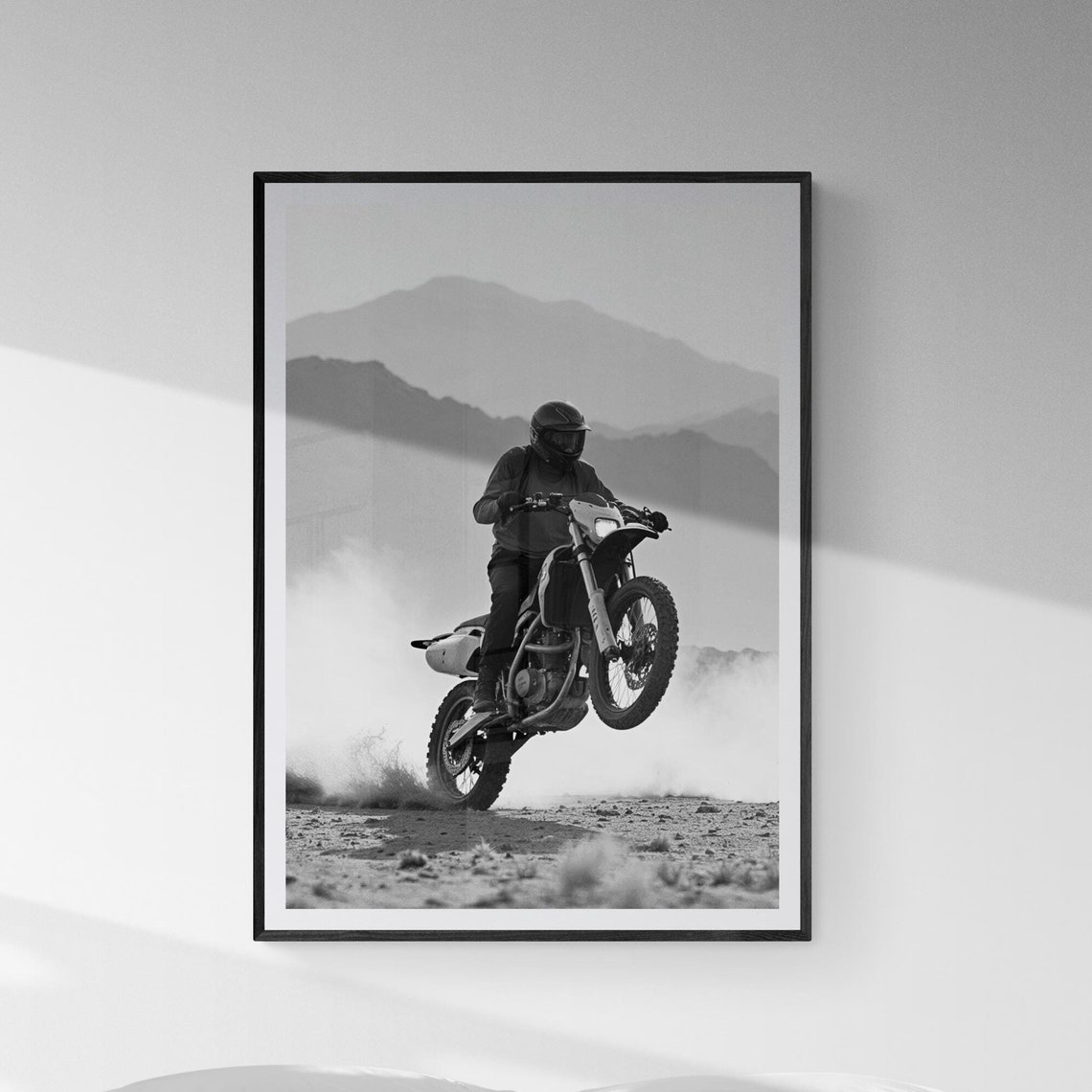 Dirt Bike Rider Desert Jump Black And White Motorcycle Print