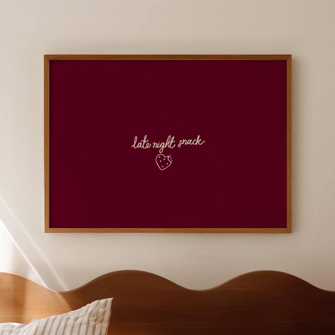 Late Night Snack Cursive Burgundy Heart Strawberry Cute Minimal Wall Art