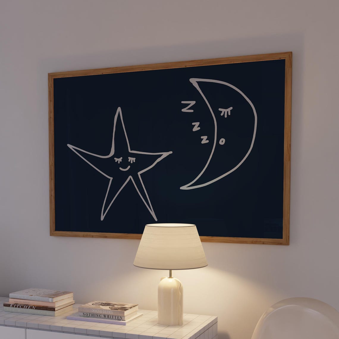 Star And Moon Print Blue Handdrawn Bedroom Wall Art Digital Download Horizontal