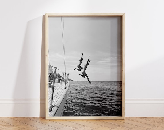 Friends Freedom Jump Sail Boat Yacht Vintage Poster