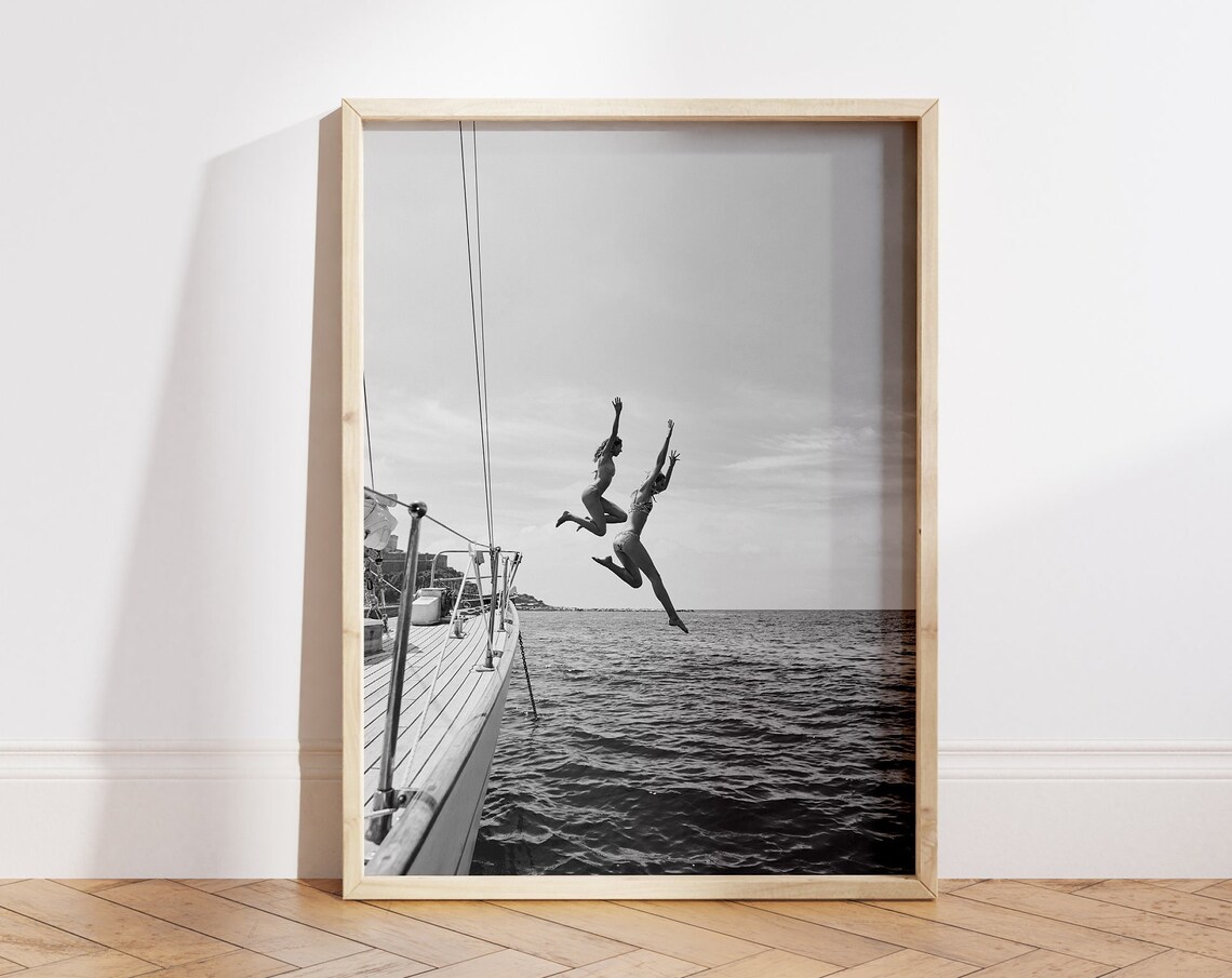 Friends Freedom Jump Sail Boat Yacht Vintage Poster