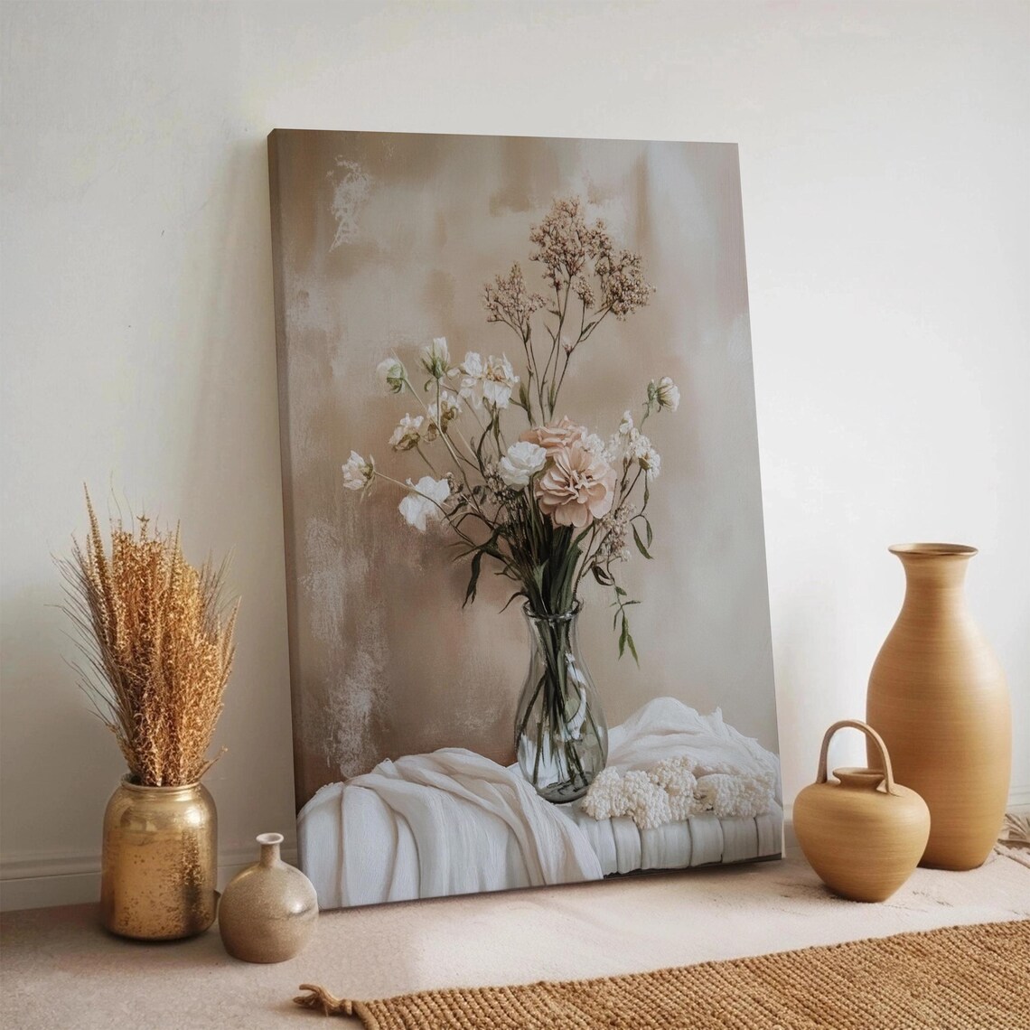 Neutral Flower Vase Canvas Wall Art Soft Beige Floral Print Minimalist Botanical Artwork Calm Framed Rustic Nature Decor Gift
