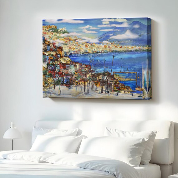 Naples Bay Italy Colorful Coastal Town Oil Painting Style Poster