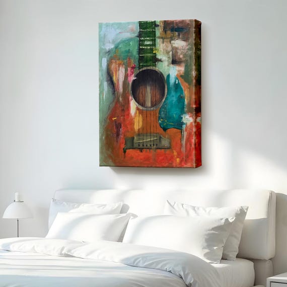 Guitarthemed Oil Painting Look Decorative Canvas Wall Art House Framed Housewarming Gifts