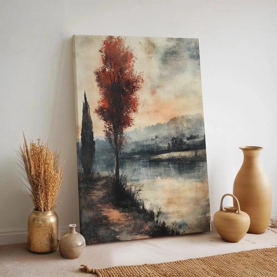 Red Tree Lake Canvas Wall Art Autumn Fog Landscape Painting Rustic Moody Forest Print For Cozy Home Nature Inspired Neutral Decor