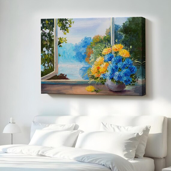Bright Flower Bouquet On Window Sill Lake View Still Life Poster