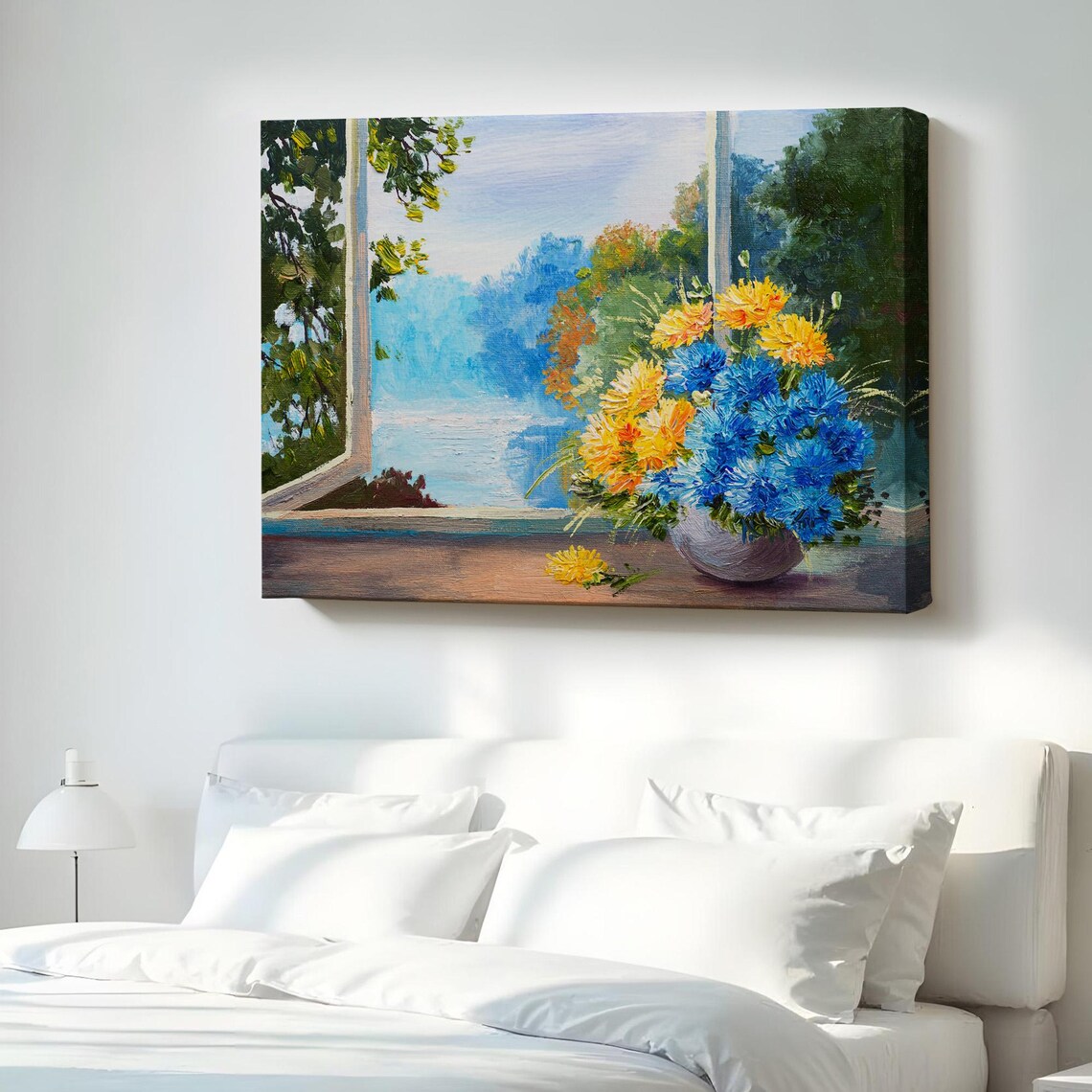 Bright Flower Bouquet On Window Sill Lake View Still Life Poster