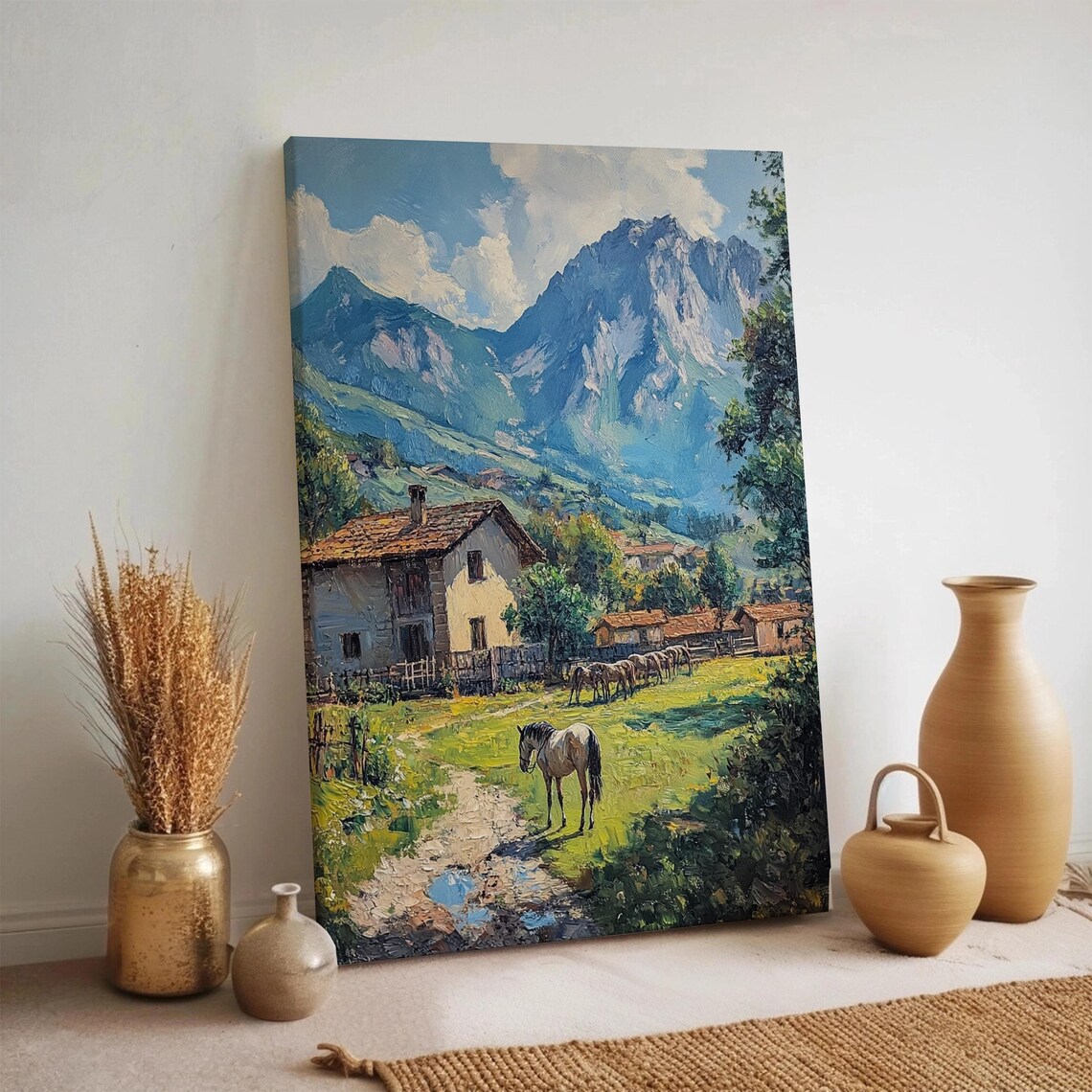 Rustic Mountain Farmhouse Landscape With Horses Oil Painting Style Poster
