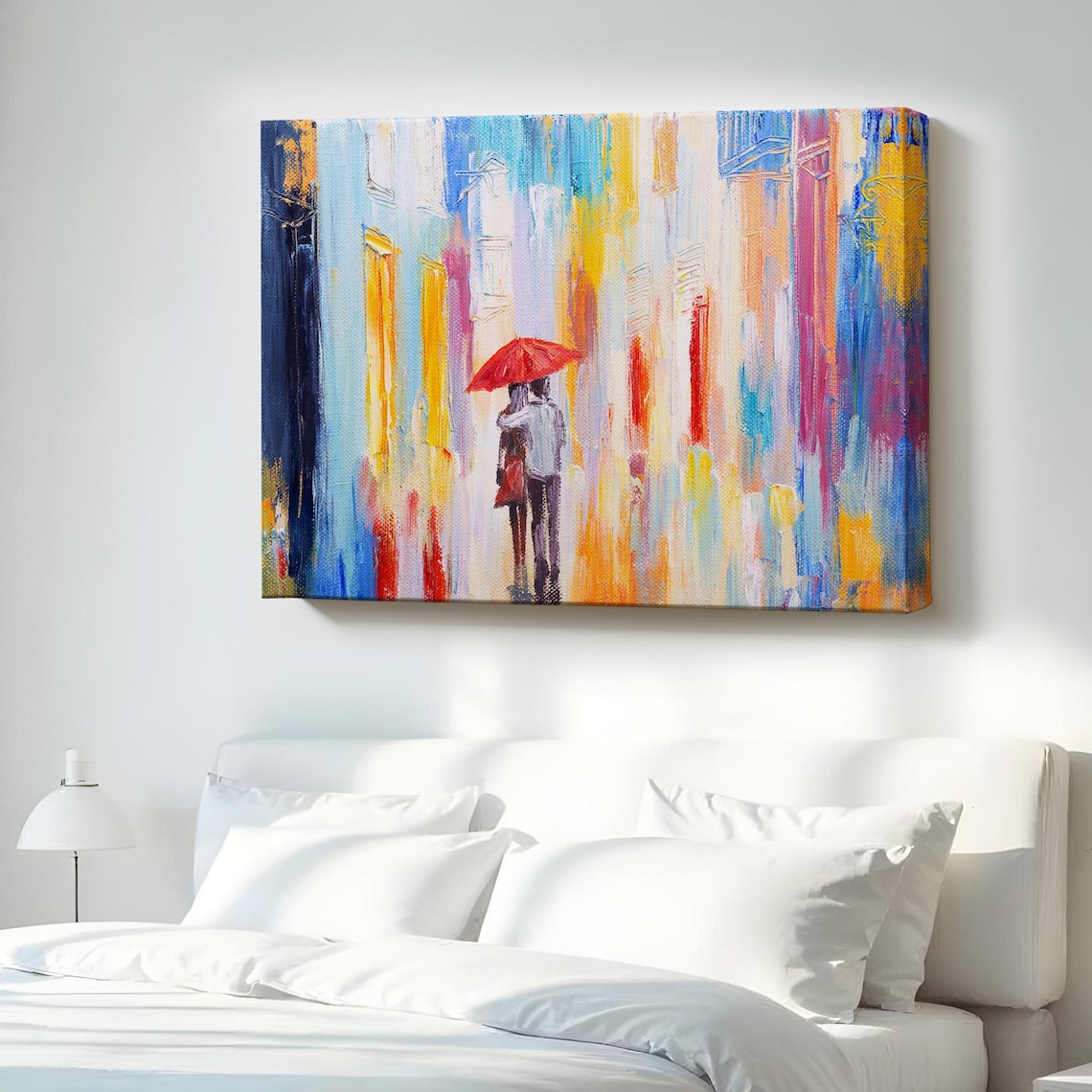 Couple With Red Umbrella Colorful Abstract Rainy City Street Poster