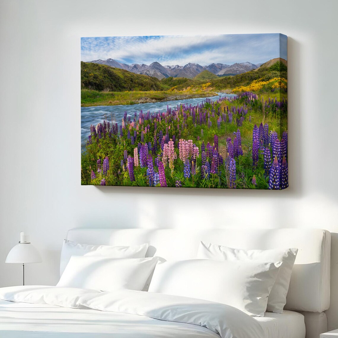 Purple Lupine Flowers River Mountains Nature Photography Art Poster