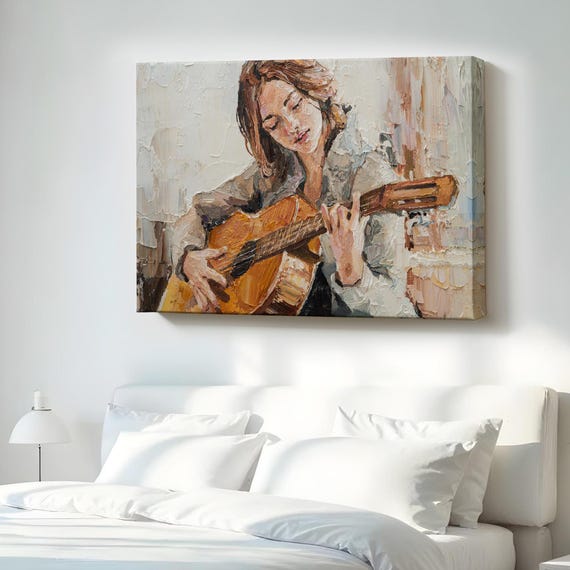 Girl Playing Guitar Wall Painting Housewarming Gifts Music Canvas Art Framed Modern Decor