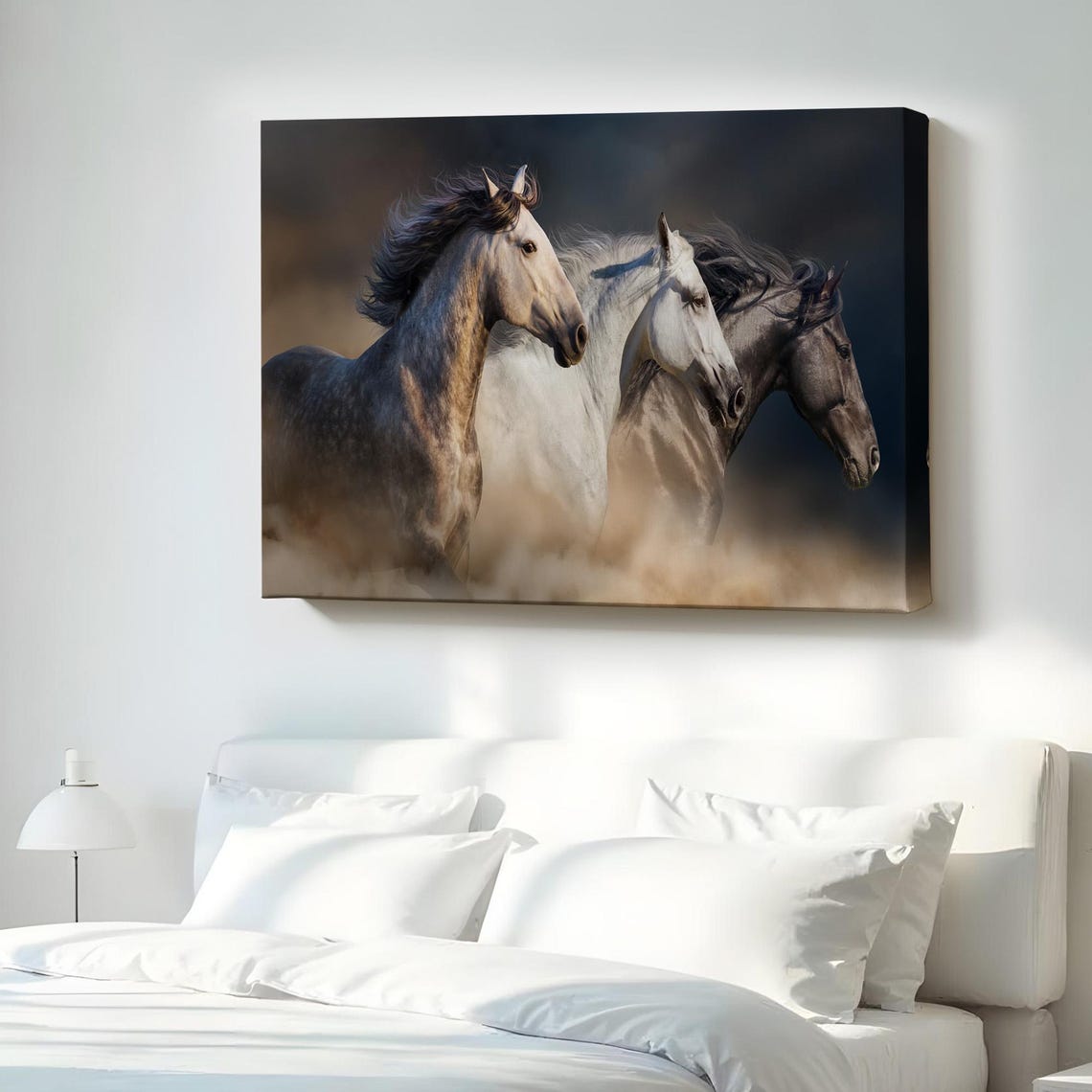 Three Galloping Horses Through Dust Dramatic Dark Equine Canvas Poster