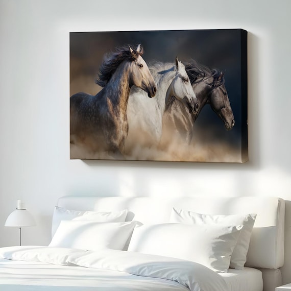 Three Galloping Horses Through Dust Dramatic Dark Equine Canvas Poster