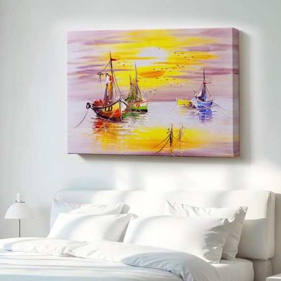Sailboats At Sunset Golden Seascape Calm Water Oil Painting Wall Poster