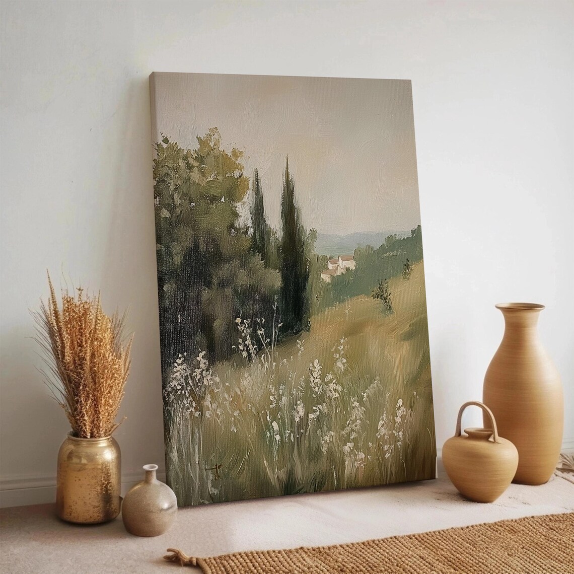 Sunlit Pastoral Meadow Cypress Trees Stone Villa Landscape Poster