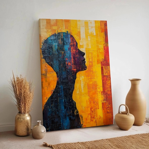 Abstract Face Silhouette Gold Blue Textured Oil Style Art Poster