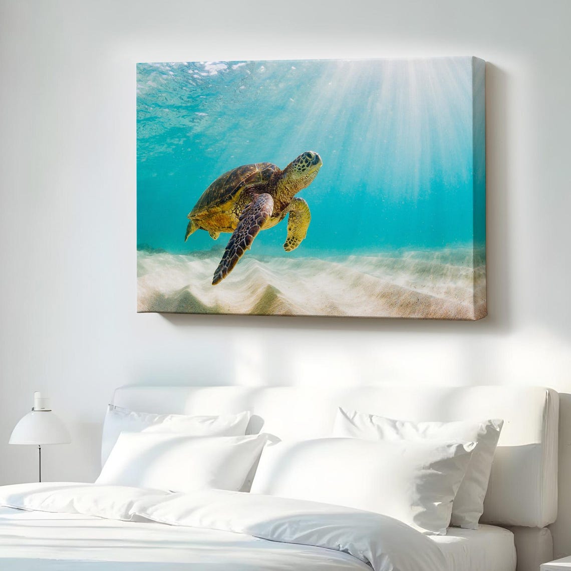 Green Sea Turtle Swimming Underwater Ocean Sunlight Canvas Print