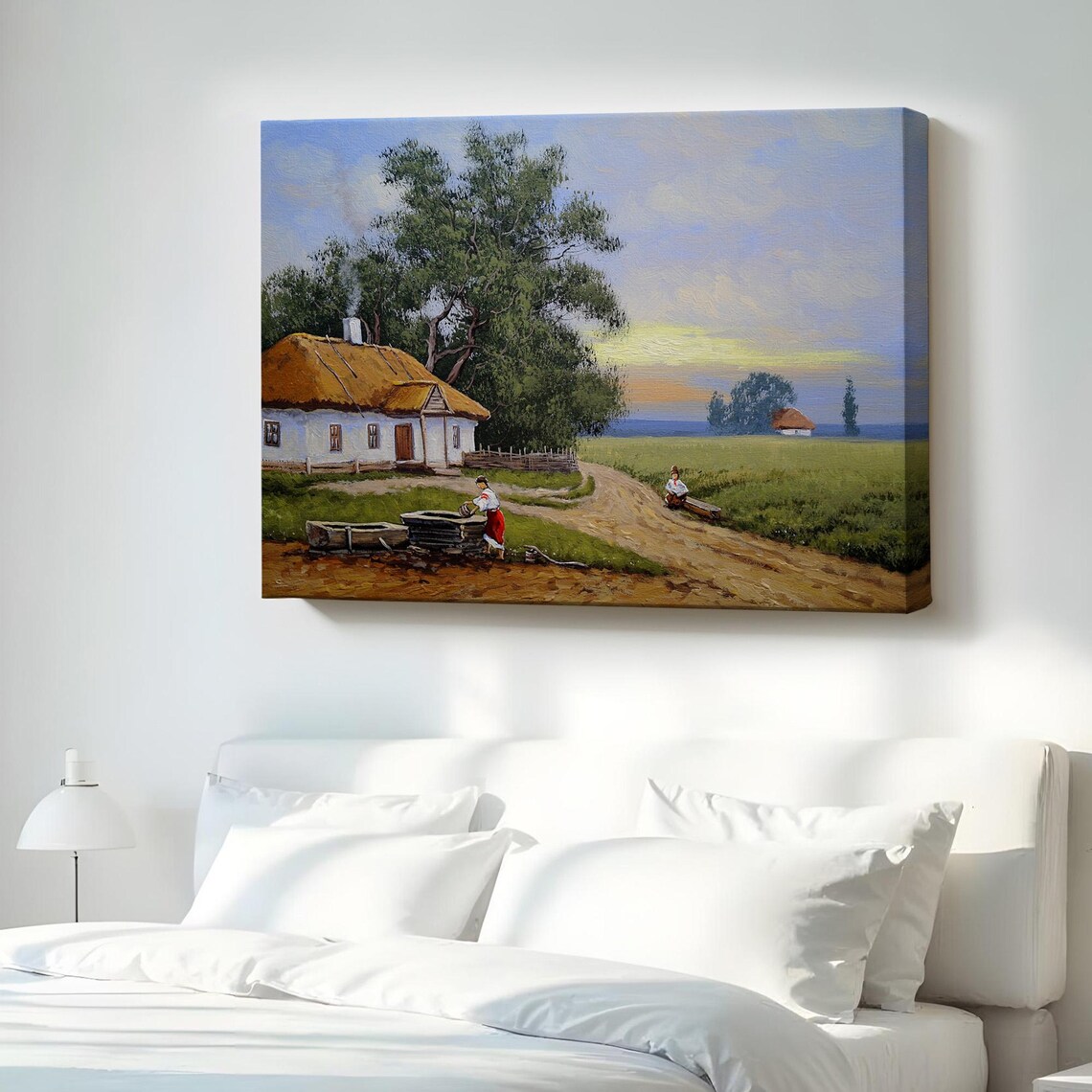 Thatched Village House Sunset Fields Woman Cart Oil Painting Art Poster