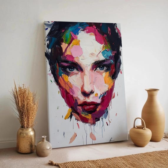 Bold Abstract Woman Face Canvas Colorful Expressionist Portrait Framed Modern Female Print For Studio Gallery Or Contemporary Decor